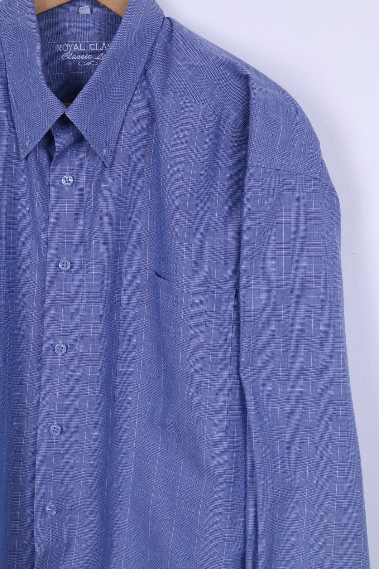 Royal Class Chemise décontractée pour homme 45 XXL Bleu Ligne classique Coton à carreaux Manches longues