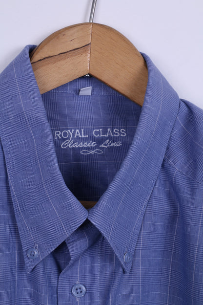 Camicia casual Royal Class da uomo 45 XXL manica lunga in cotone a quadri blu linea classica