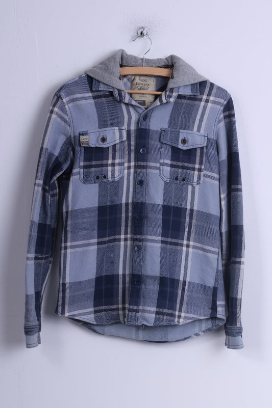 NEXT Mens S Casual Shirt Blue Cotton Long Sleeve Checkered Hooded Worker Top