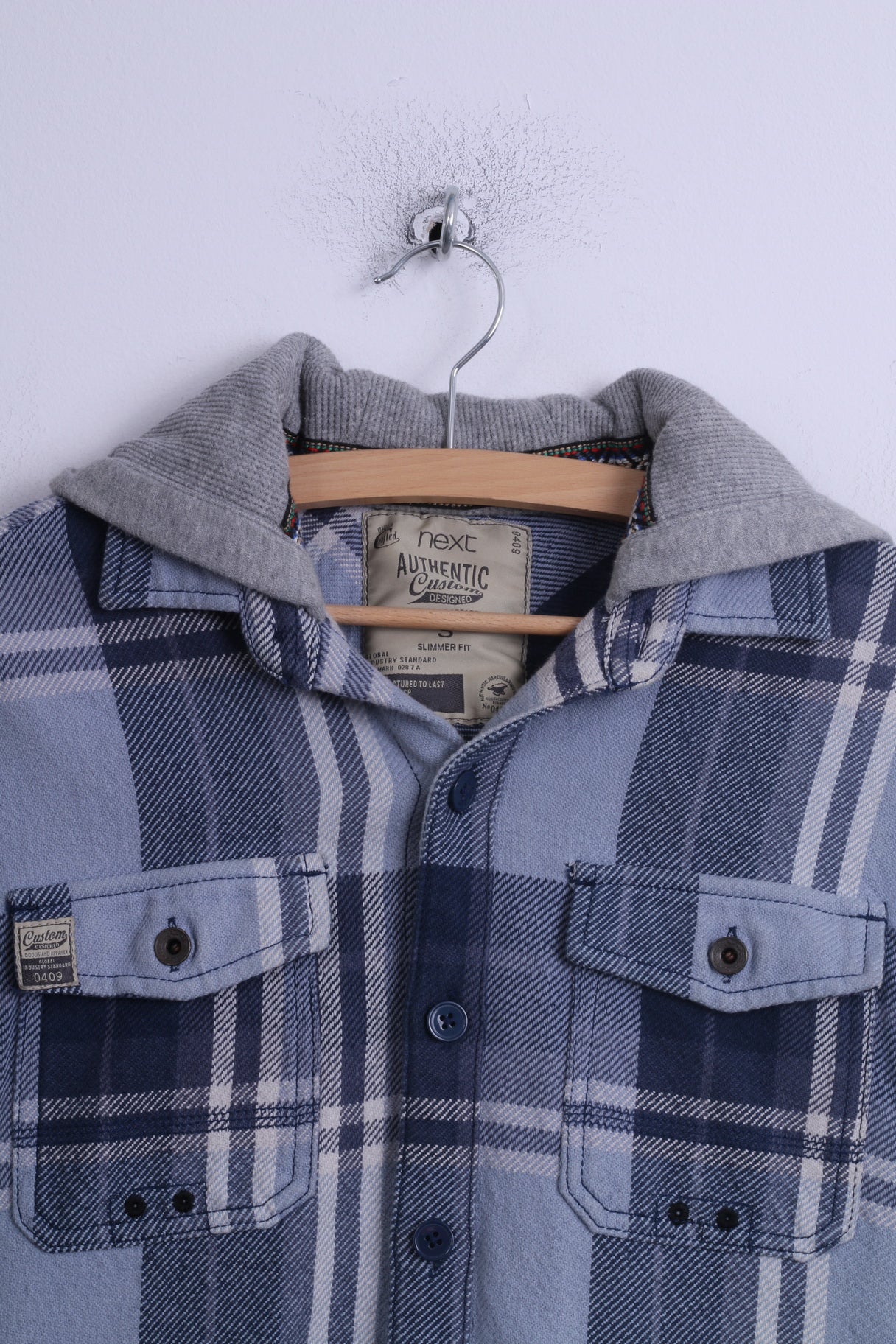 NEXT Mens S Casual Shirt Blue Cotton Long Sleeve Checkered Hooded Worker Top