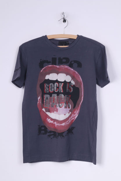 Cipo&Baxx Womens L Graphic T-Shirt Crew Neck Grey Rock Is Back Cotton Summer Top