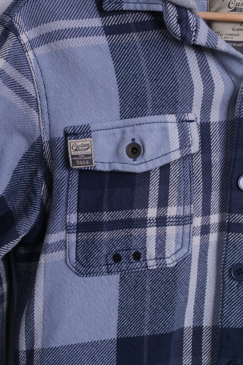 NEXT Mens S Casual Shirt Blue Cotton Long Sleeve Checkered Hooded Worker Top