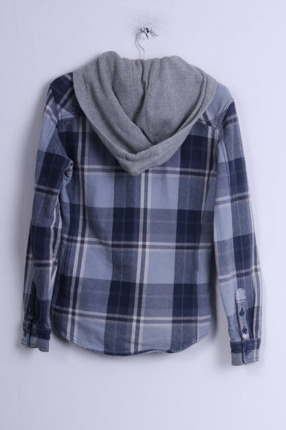 NEXT Mens S Casual Shirt Blue Cotton Long Sleeve Checkered Hooded Worker Top