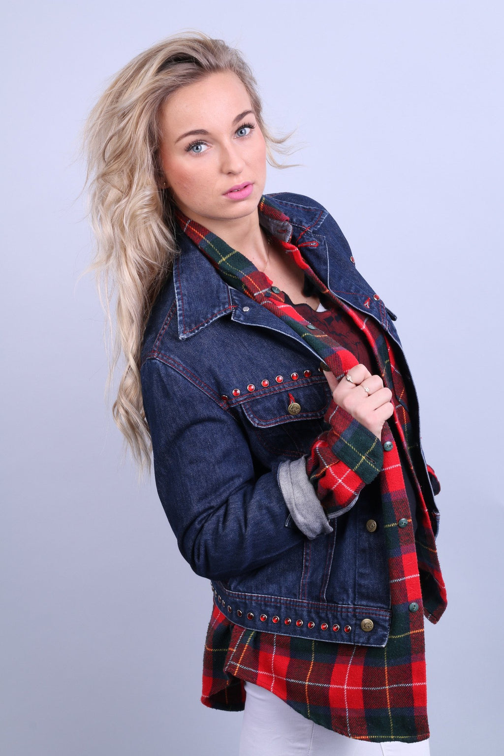 Lee Premium qualité femmes L (M) veste en jean bleu marine jean Slim coton haut détaillé