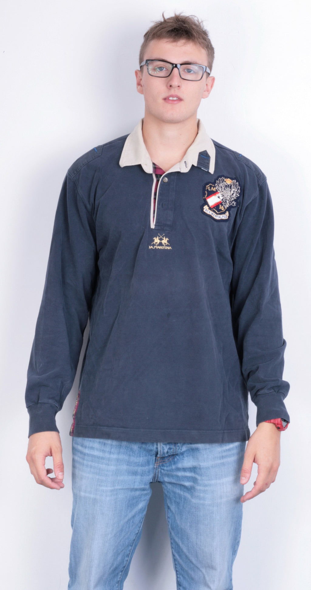 La Martina Mens XXL Polo Shirt Navy Blue Long Sleeve Cotton - RetrospectClothes