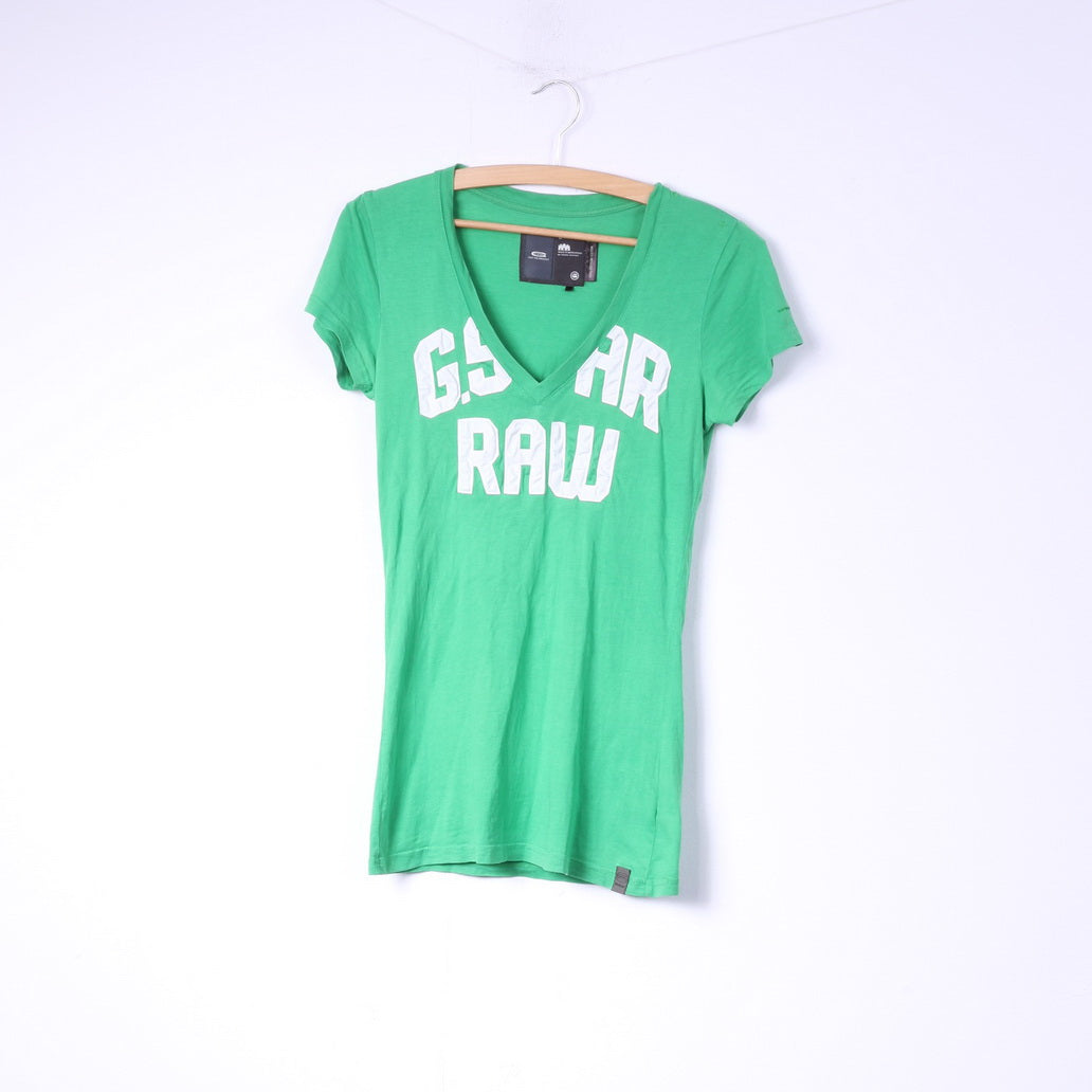 G-Star Raw Womens S T-Shirt Green V Neck Big Logo Cotton Top