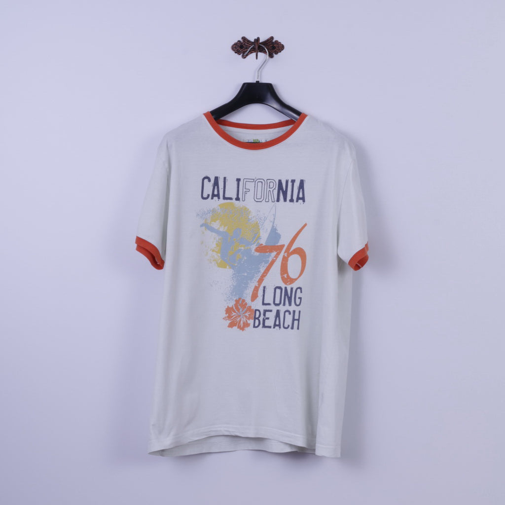 California Beach Mens XL T-Shirt White Cotton Graphic Long Beach Top