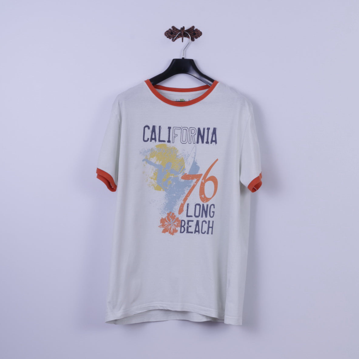 California Beach Mens XL T-Shirt White Cotton Graphic Long Beach Top
