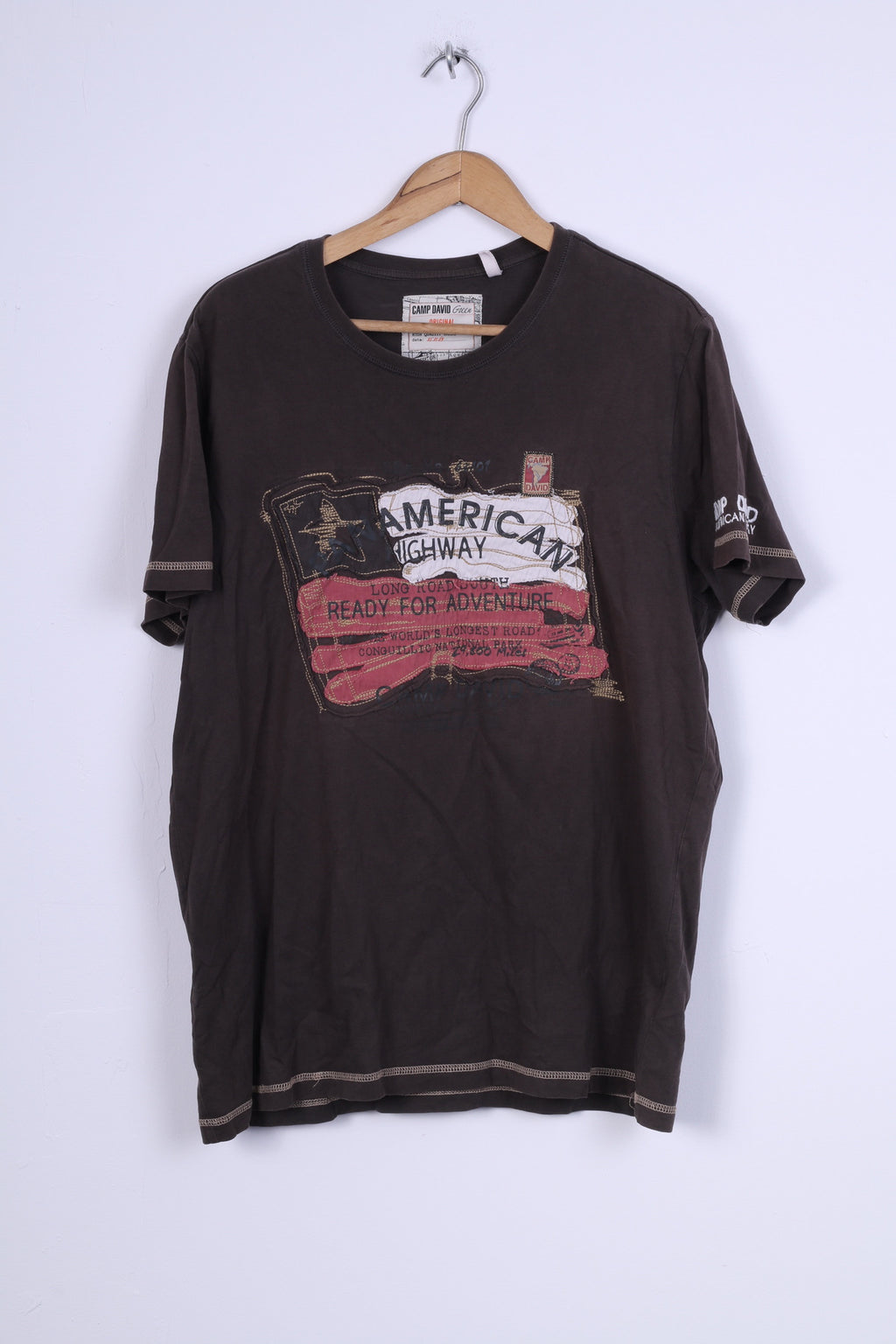 Camp David Mens XL T-Shirt Brown Outdoor Wear Cotton Graphic Top