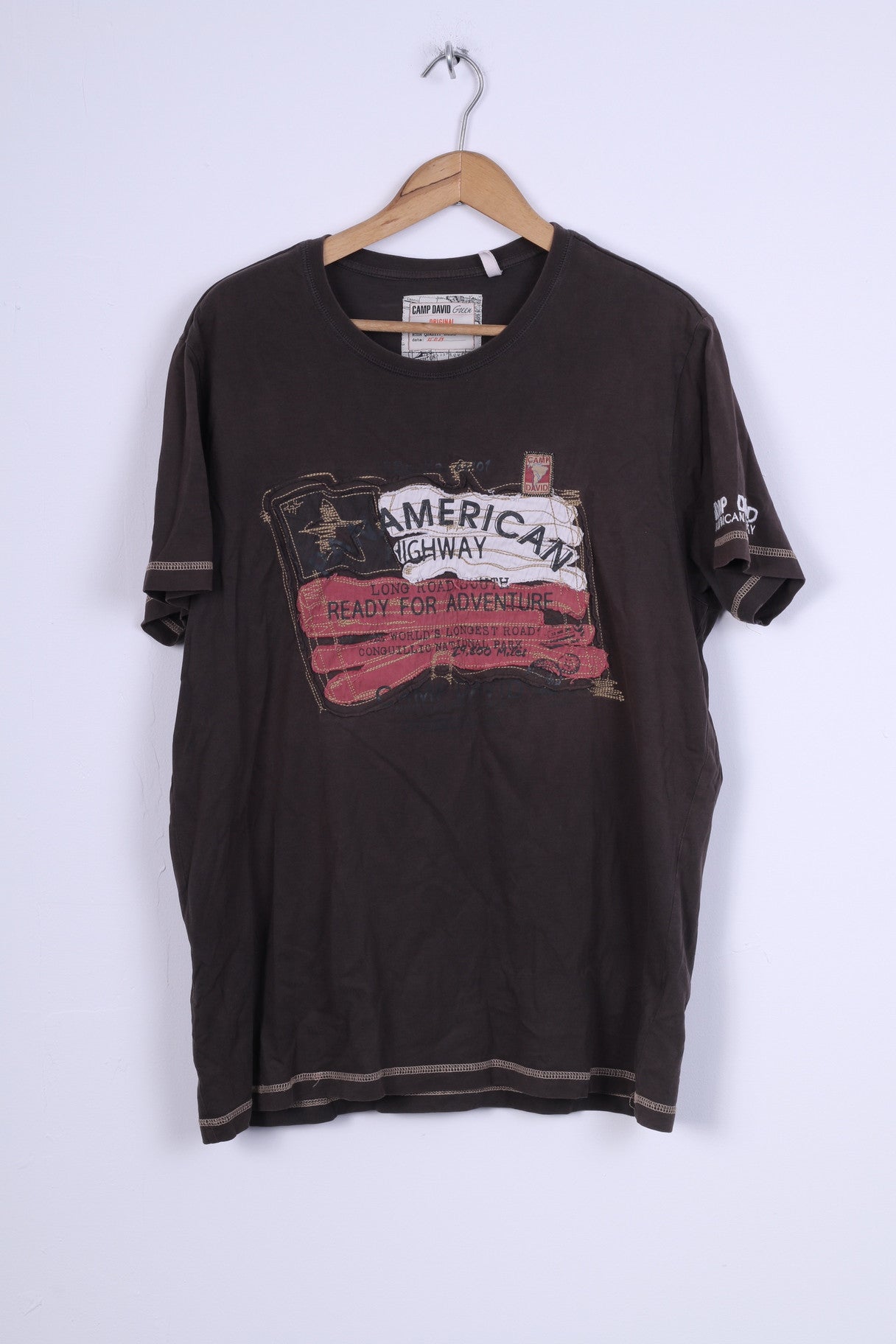Camp David Mens XL T-Shirt Brown Outdoor Wear Cotton Graphic Top