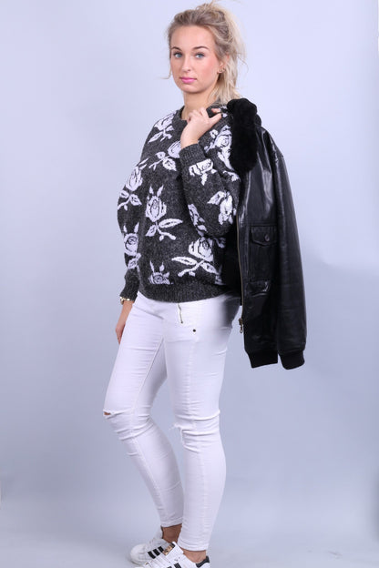 Its Knitwear UK Pull pelucheux à col rond pour femme Gris brillant Blanc Roses