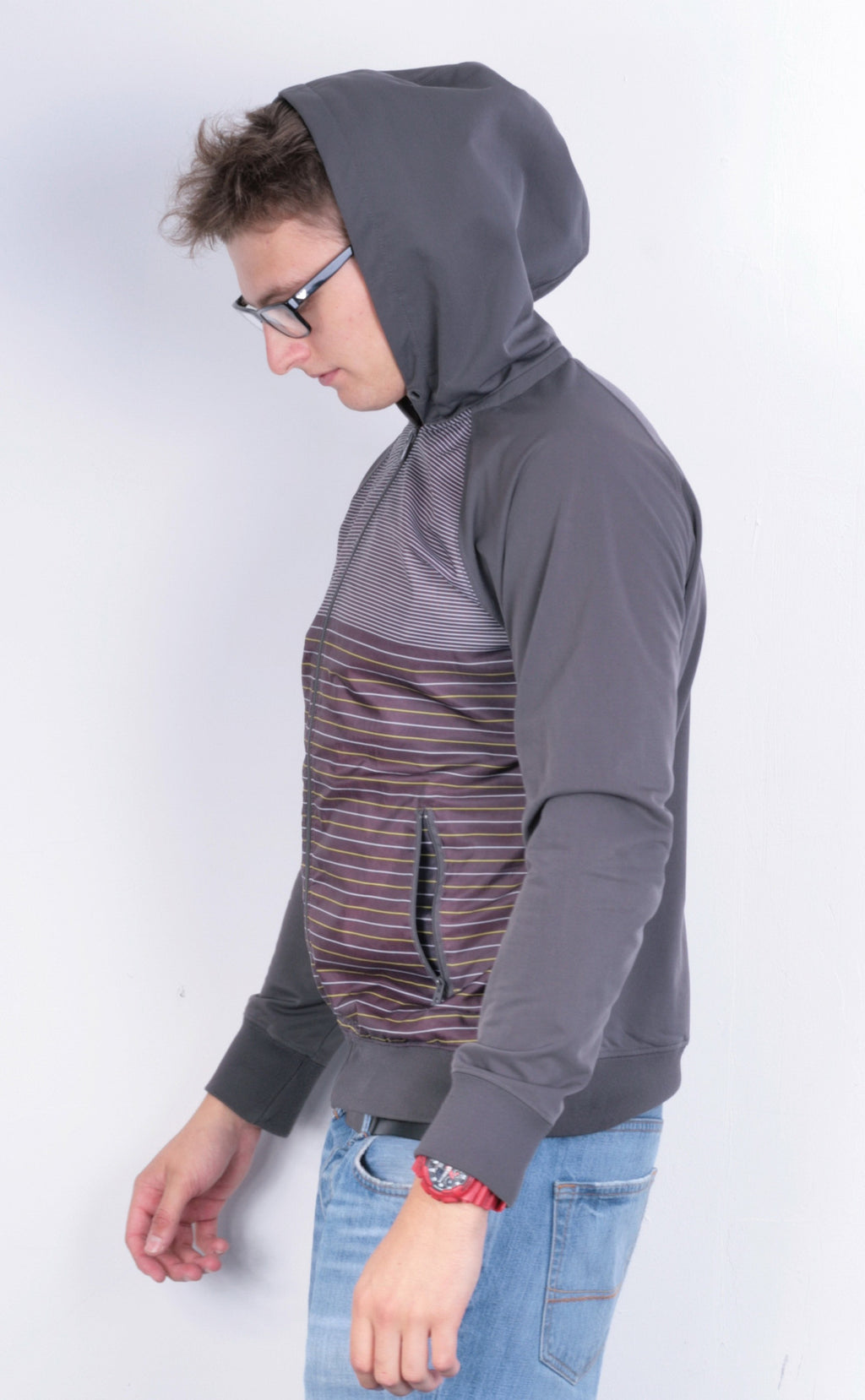 Reserved Mens M Jacket Brown Full Zipper Hood Striped Waterproof - RetrospectClothes