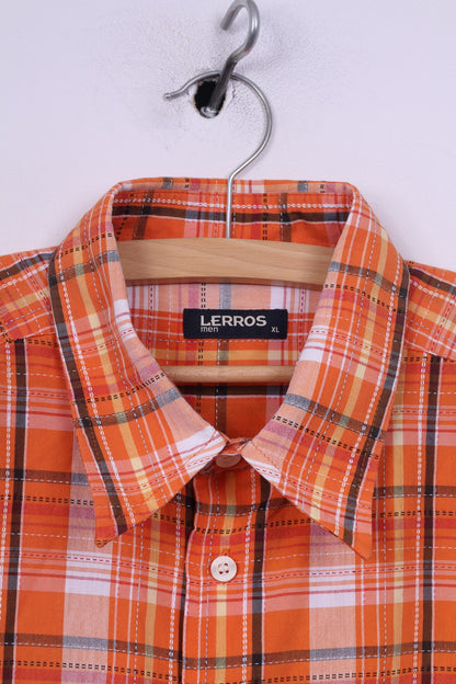 Lerros Mens XL Casual Shirt Check Short Sleeve Orange Cotton Top