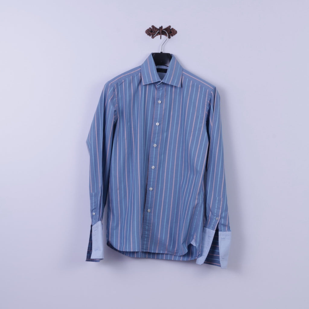 Ted Baker Mens 15.5 S Casual Shirt Blue Striped 100% Cototn Detailed Buttons Cuff Top