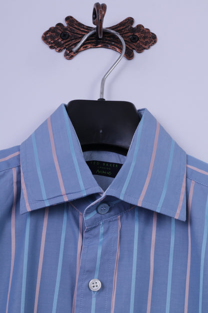 Ted Baker Uomo 15.5 S Camicia Casual Blu a Righe 100% Cotone Dettagliati Bottoni Polsini