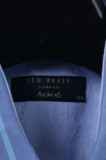 Ted Baker Chemise décontractée pour homme 15,5 S Bleu rayé 100 % coton avec boutons détaillés aux poignets