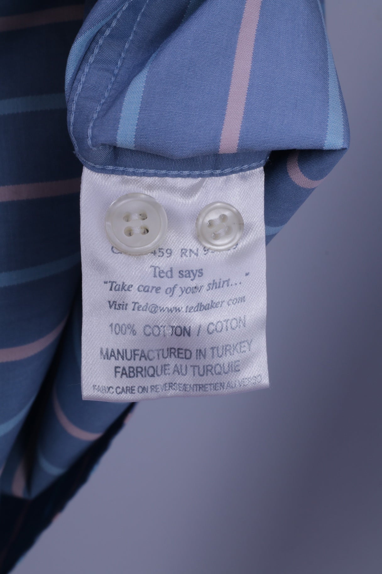 Ted Baker Uomo 15.5 S Camicia Casual Blu a Righe 100% Cotone Dettagliati Bottoni Polsini