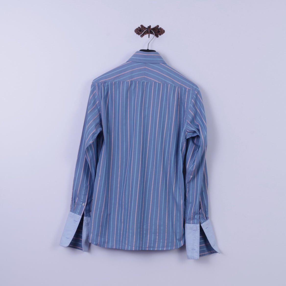 Ted Baker Mens 15.5 S Casual Shirt Blue Striped 100% Cototn Detailed Buttons Cuff Top