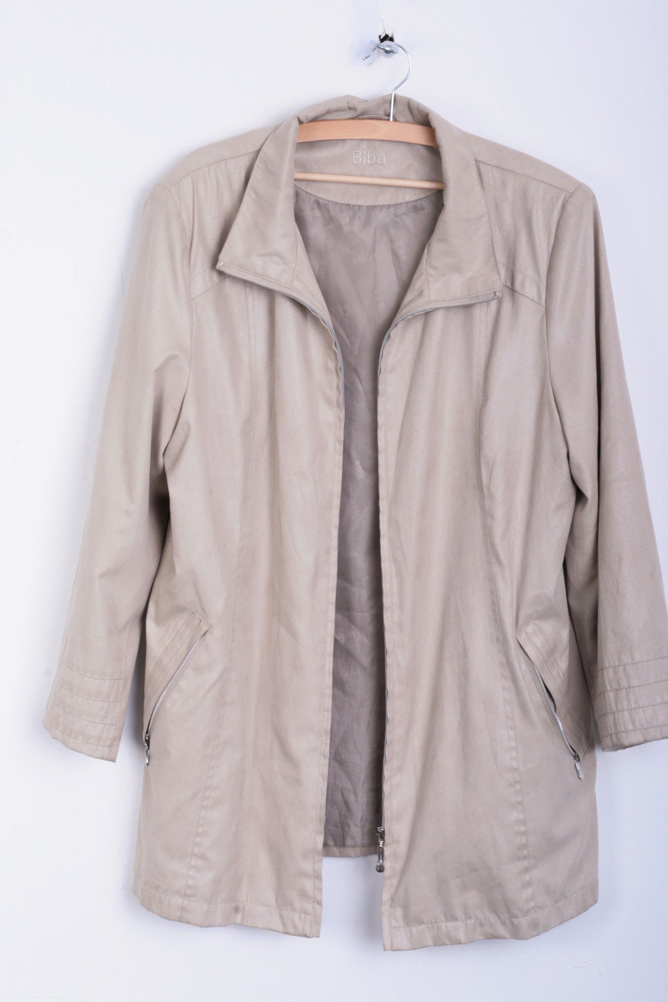 Biba Womens 44 2XL XXL Long Jacket Coat Beige Shiny - RetrospectClothes