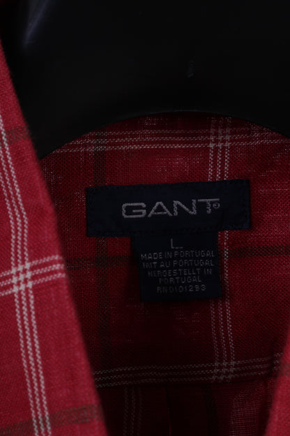 GANT Men L Casual Shirt Red Check Long Island Dress Fit 100% Linen Top