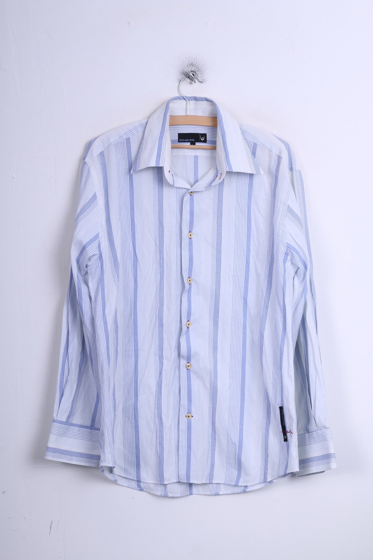 Duck and Cover Camicia casual da uomo L con colletto a punta in cotone bianco a righe