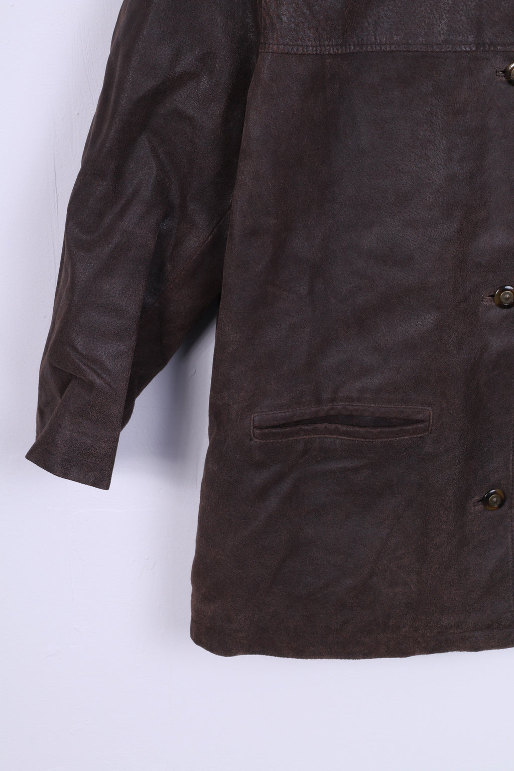 Vintage Femmes 40 XL Veste Marron Cuir Épaulettes Simple Poitrine