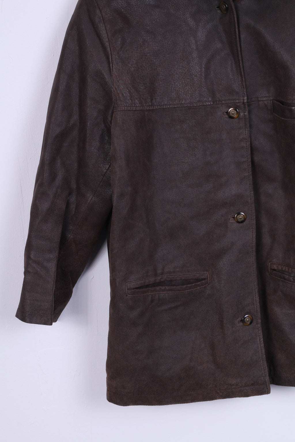 Vintage Femmes 40 XL Veste Marron Cuir Épaulettes Simple Poitrine