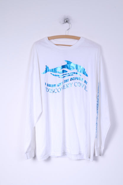 Discovery Cove Mens XL Shirt White Long Sleeve Cotton Dolphins Graphic