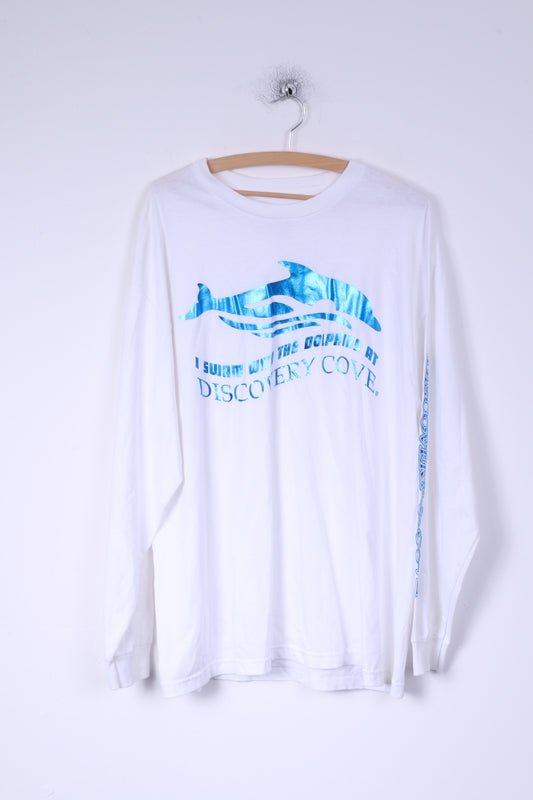 Camicia XL da uomo Discovery Cove Grafica bianca a maniche lunghe in cotone con delfini