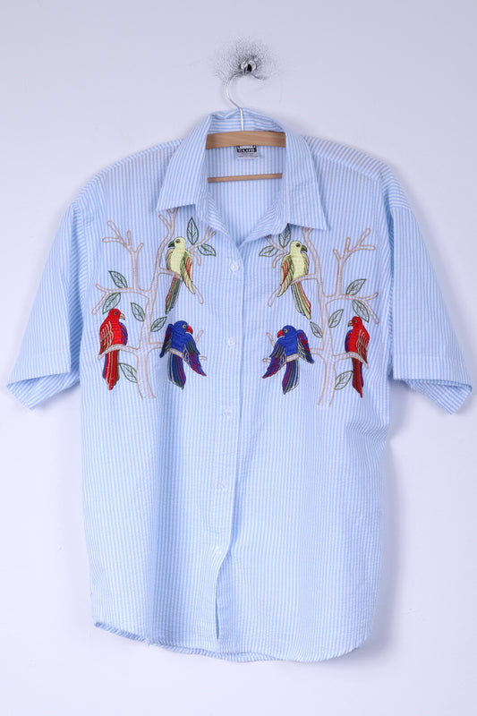 O//So Club Womens L Casual Shirt Cotton Blue Striped Embroidered Birds