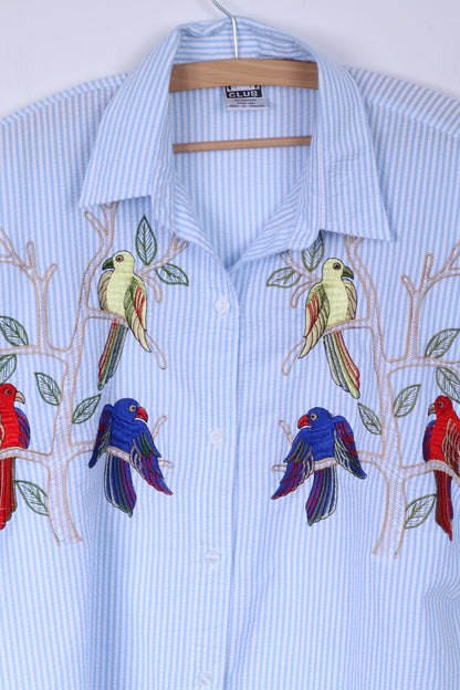 O//So Club Womens L Casual Shirt Cotton Blue Striped Embroidered Birds