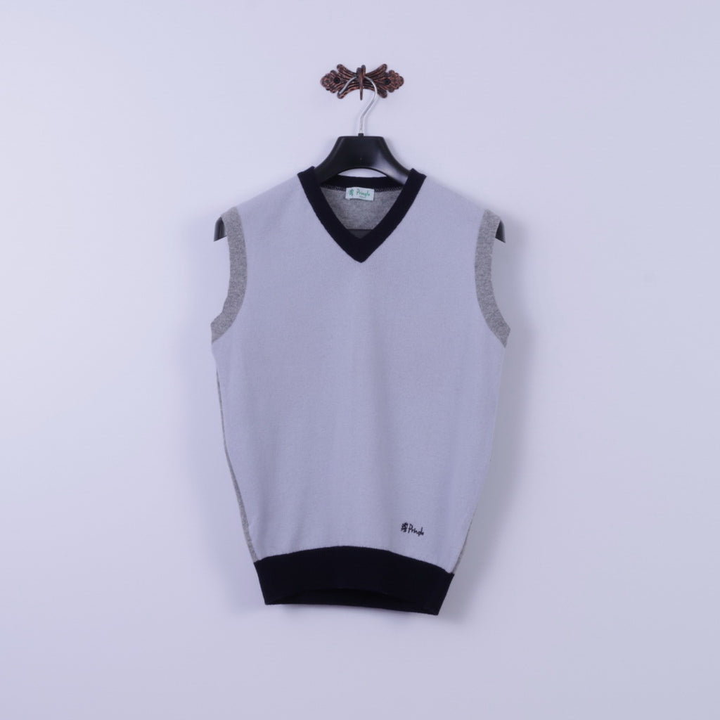 Pringle Golf Men M (S) Vest Blue Grey Wool V Neck Plain Vintage Bodywarmer