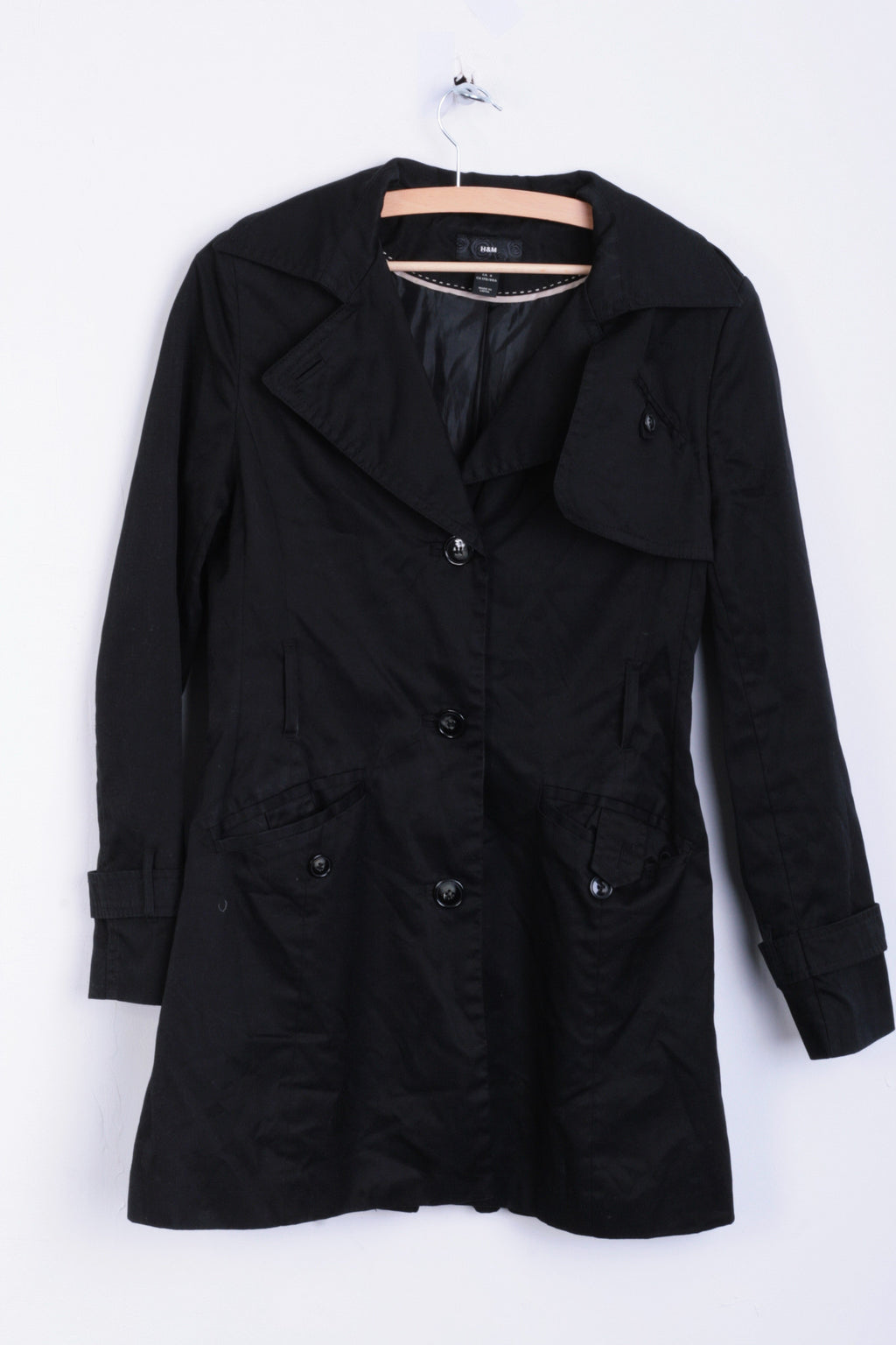 H&M Womens M Jacket Coat Black Long Single Breasted - RetrospectClothes