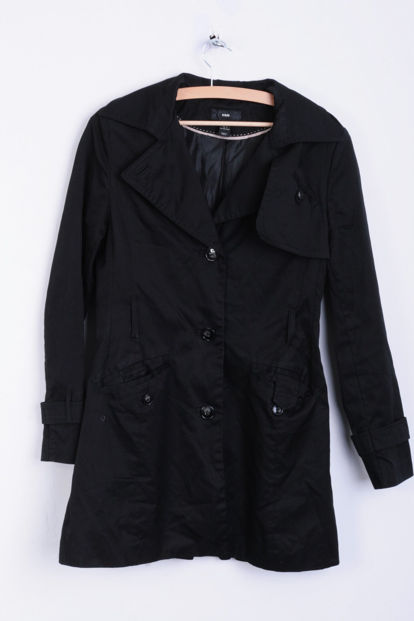 H&M Womens M Jacket Coat Black Long Single Breasted - RetrospectClothes
