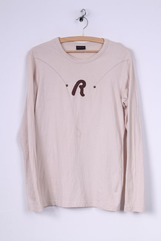 Replay Mens L(S) Shirt Long Sleeve Beige Crew Neck Cotton Top