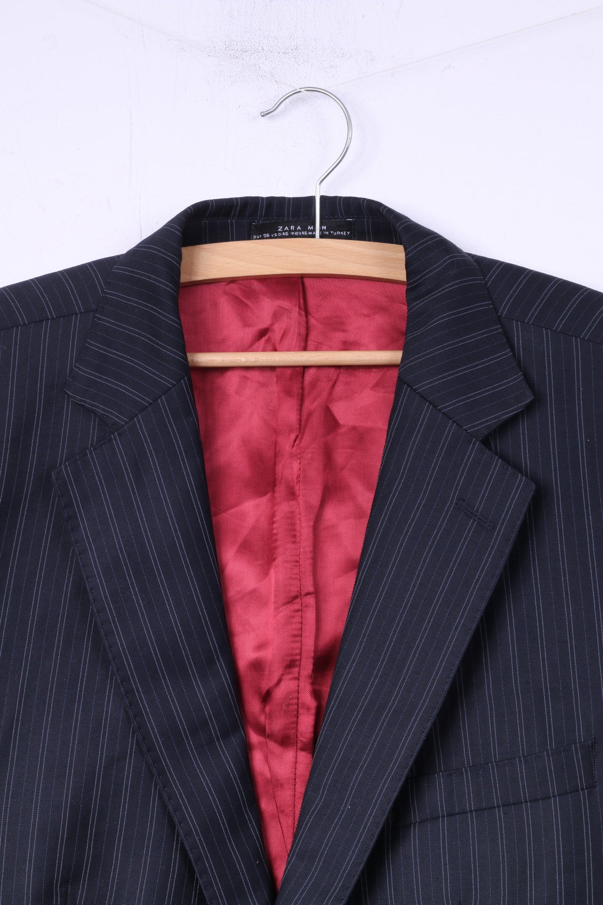 Zara Man 56 46 Blazer Navy Striped Single Breasted Shoulder Pads Wool Top