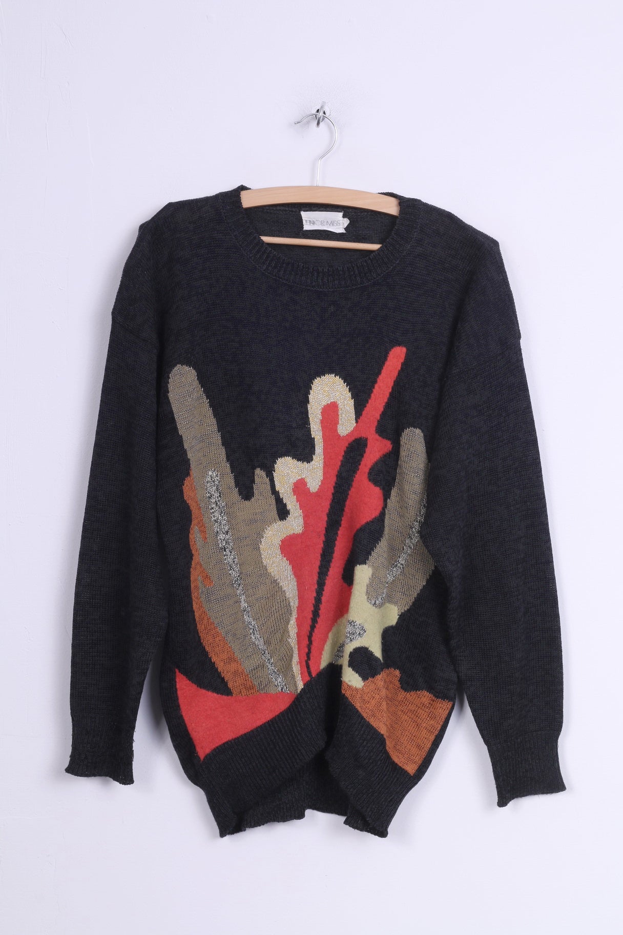 Junior Miss Femme L Jumper Pull Bleu Marine Col Rond Coton Vintage