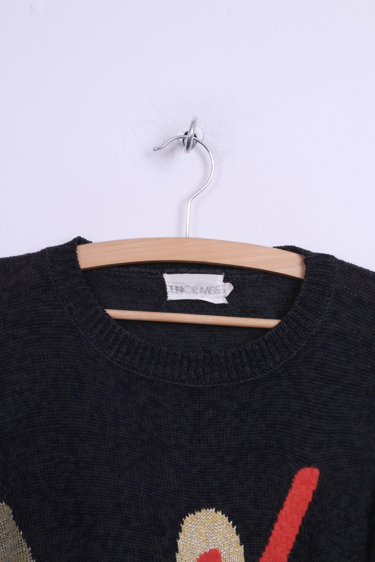 Junior Miss Femme L Jumper Pull Bleu Marine Col Rond Coton Vintage