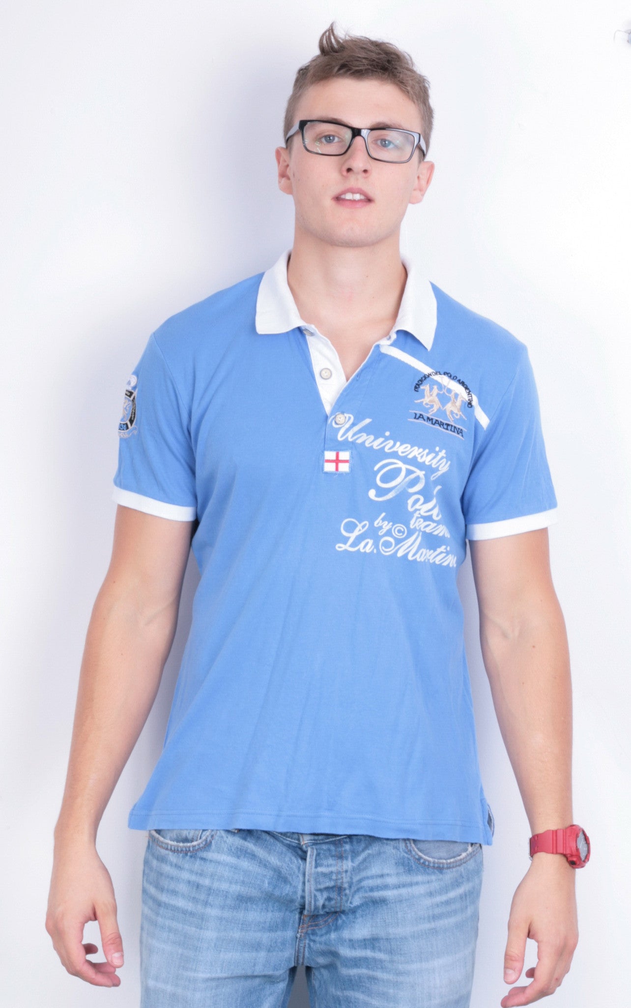 La Martina Mens XL Polo Shirt Blue Short Sleeve Cotton Summer - RetrospectClothes