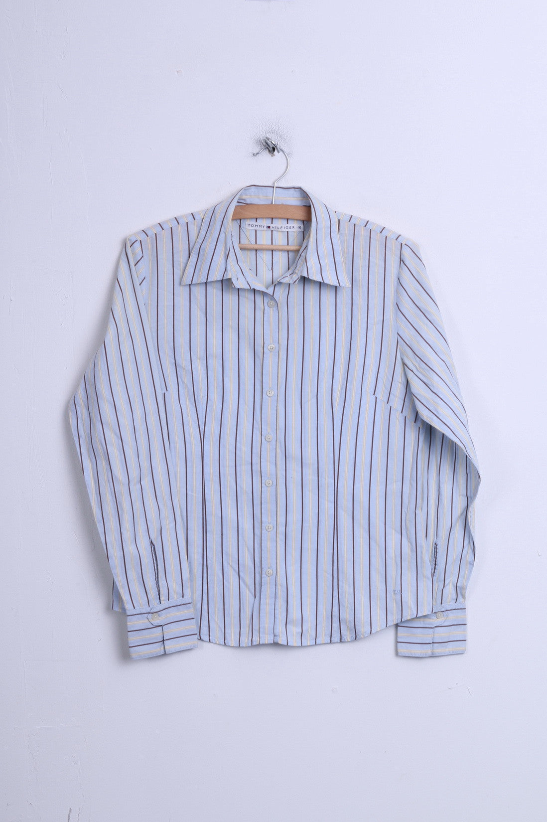 Tommy Hilfiger Womens 10 M Casual Shirt Striped Blue 2 Button Collar Bend - RetrospectClothes