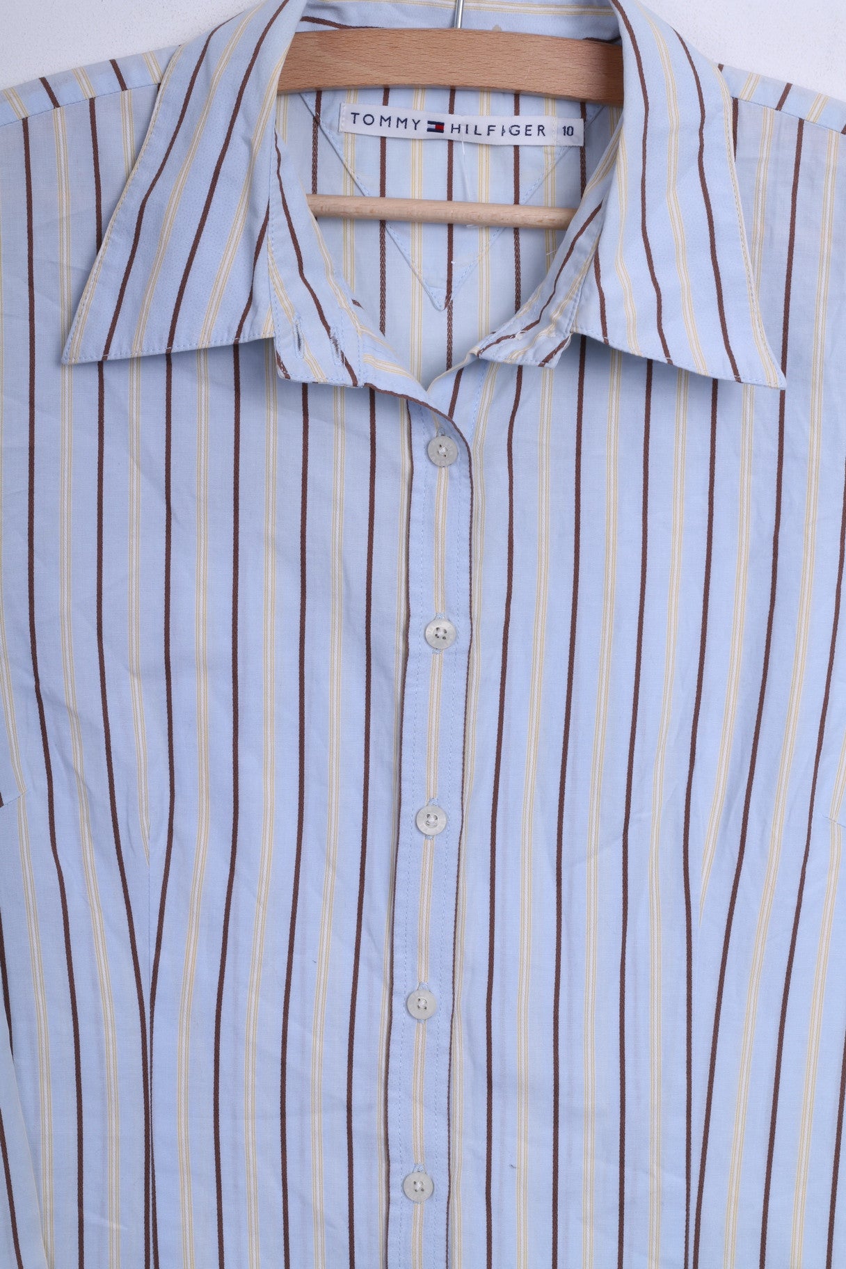 Tommy Hilfiger Womens 10 M Casual Shirt Striped Blue 2 Button Collar Bend - RetrospectClothes