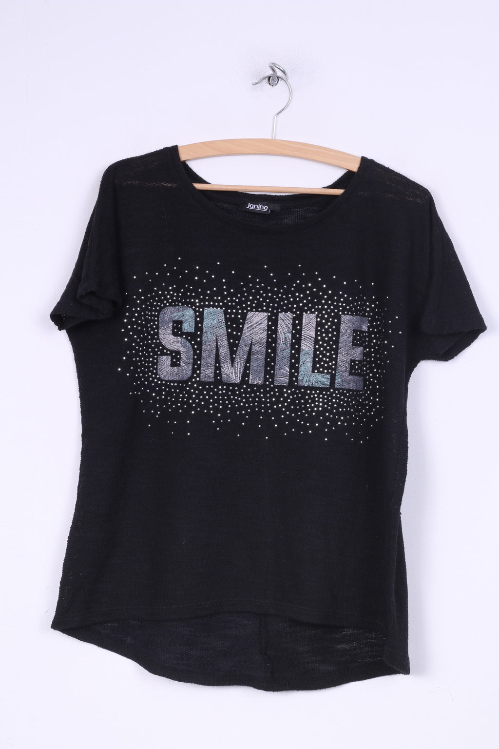 Janina Womens L T-Shirt Col Ras du Cou Tricoté Noir Smaile Graphic Haut d'été 