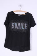 Janina Womens L T-Shirt Col Ras du Cou Tricoté Noir Smaile Graphic Haut d'été 