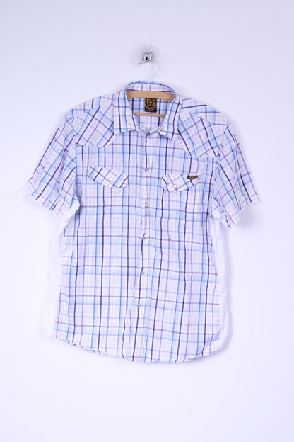 FLY 53 Mens XXL (M)  Casual Shirt White  Blue Checkered Cotton Short Sleeve