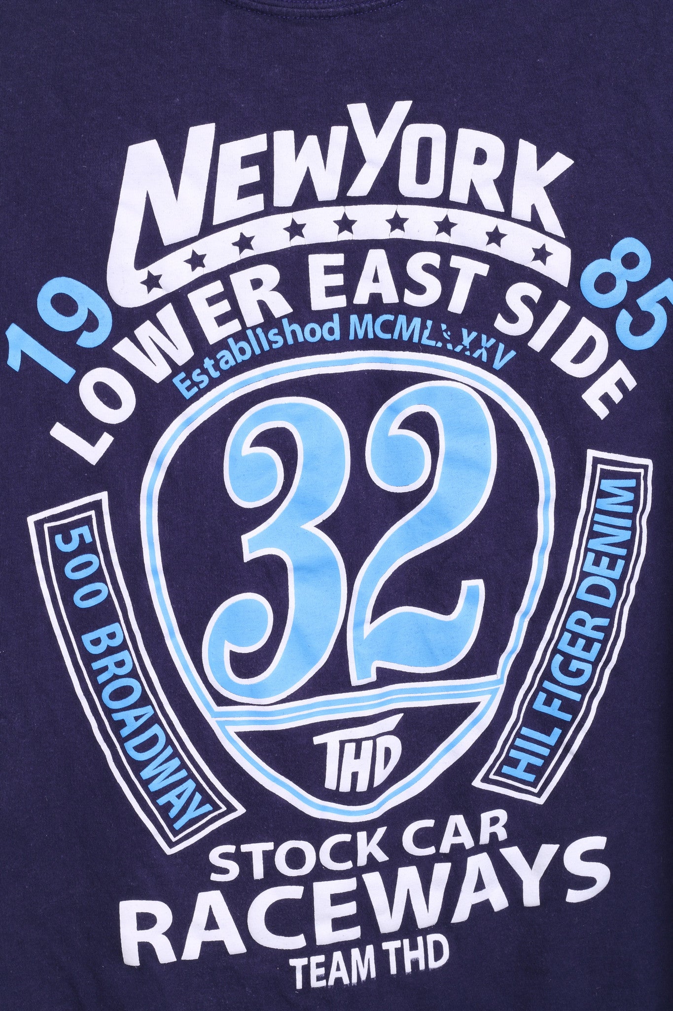 Hilfiger Denim Womens L Shirt Crew Neck Navy Cotton Raceways New York - RetrospectClothes