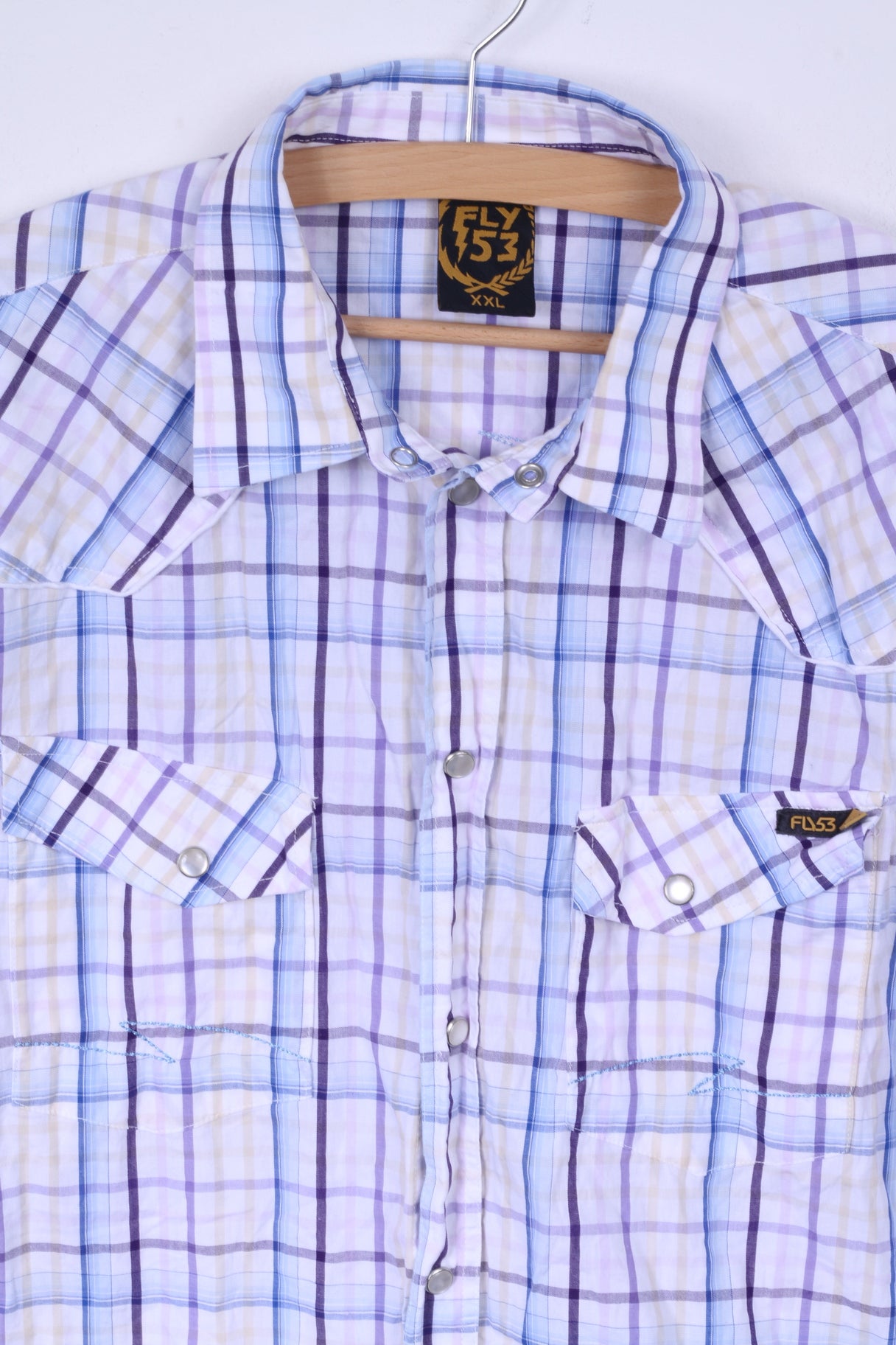 FLY 53 Mens XXL (M)  Casual Shirt White  Blue Checkered Cotton Short Sleeve