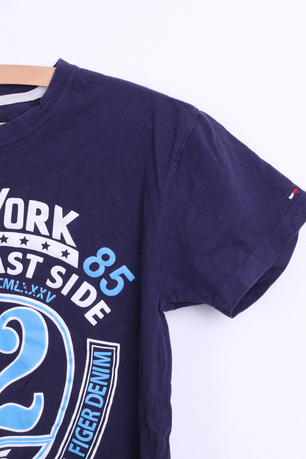 Hilfiger Denim Womens L Shirt Crew Neck Navy Cotton Raceways New York - RetrospectClothes