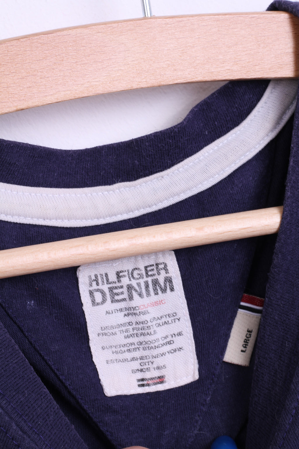 Hilfiger Denim Womens L Shirt Crew Neck Navy Cotton Raceways New York - RetrospectClothes