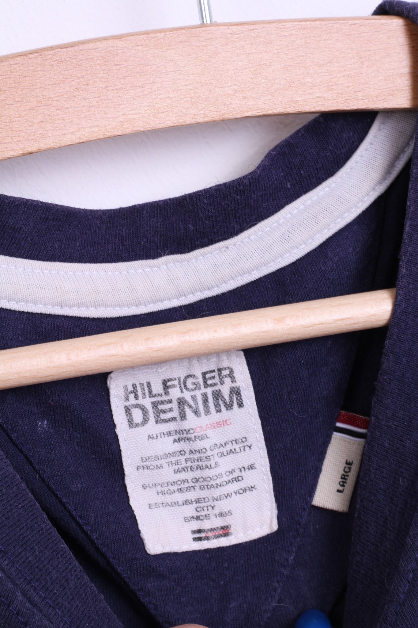 Hilfiger Denim Womens L Shirt Crew Neck Navy Cotton Raceways New York - RetrospectClothes