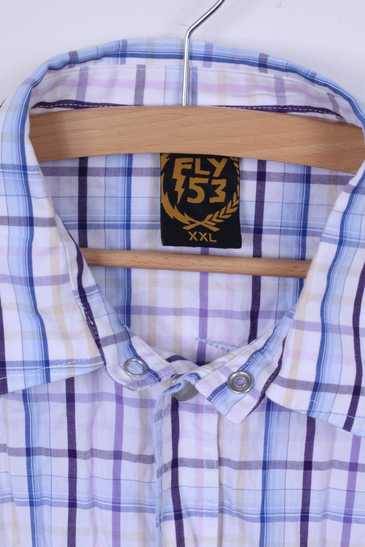 FLY 53 Chemise décontractée pour homme XXL (M) Blanc Bleu à carreaux en coton à manches courtes